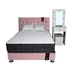 BARAKA HOME - Dormitorio Coquette 2 Plz + Cabecera + Tocador + Puff - Rosado