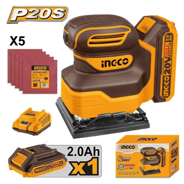 Lijadora Orbital Ingco 20V + 1 Batería 2.0AH + Cargador CSHSLI20141