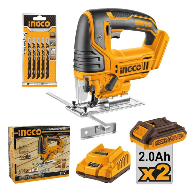 Sierra Caladora Ingco 20V + 2 Baterías 2.0AH + Cargador CJSLI8501