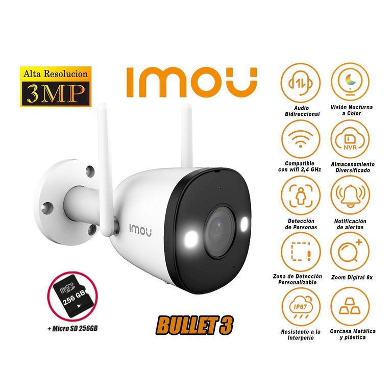 Cámara Seguridad Wi-Fi BULLET 3 2K 3MP Exterior Noche Color + 256GB