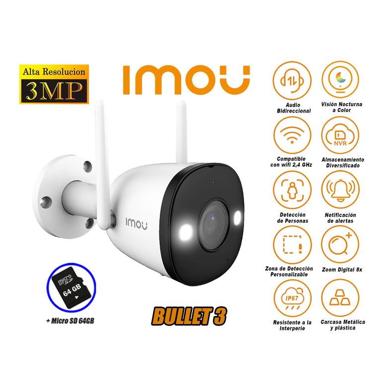 Cámara Seguridad Wi-Fi BULLET 3 2K 3MP Exterior Noche Color + 64GB