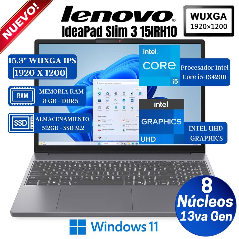 Laptop IdeaPad Slim 3 15IRH10 15.3" WUXGA IPS, Core i5-13420H, Ram 8GB, Ssd 512GB, Win 11 Pro