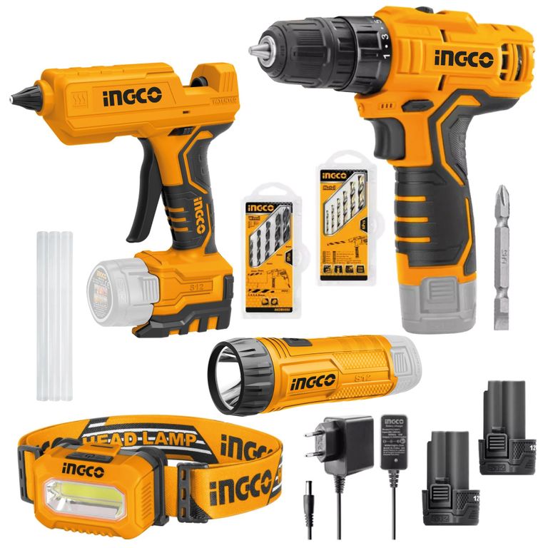 Kit Atornillador INGCO 12V + Pistola Silicona + Linterna COSLI22121
