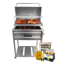 THE GRILL SHOP - Parrilla Mediana Con Tapa Acero Inoxidable +guantes+cerveza +carbón