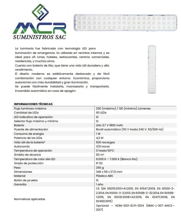 LAMPARA DE EMERGENCIA LED DE 200 LUMENES LUZ BLANCO FRIO IP20