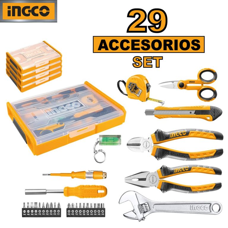 Set Organizador INGCO + 29 Herramientas Manuales Básicas HKTV01H291