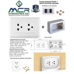 GENERICO - Tomacorriente Doble + tierra universal adosable o para adosar
