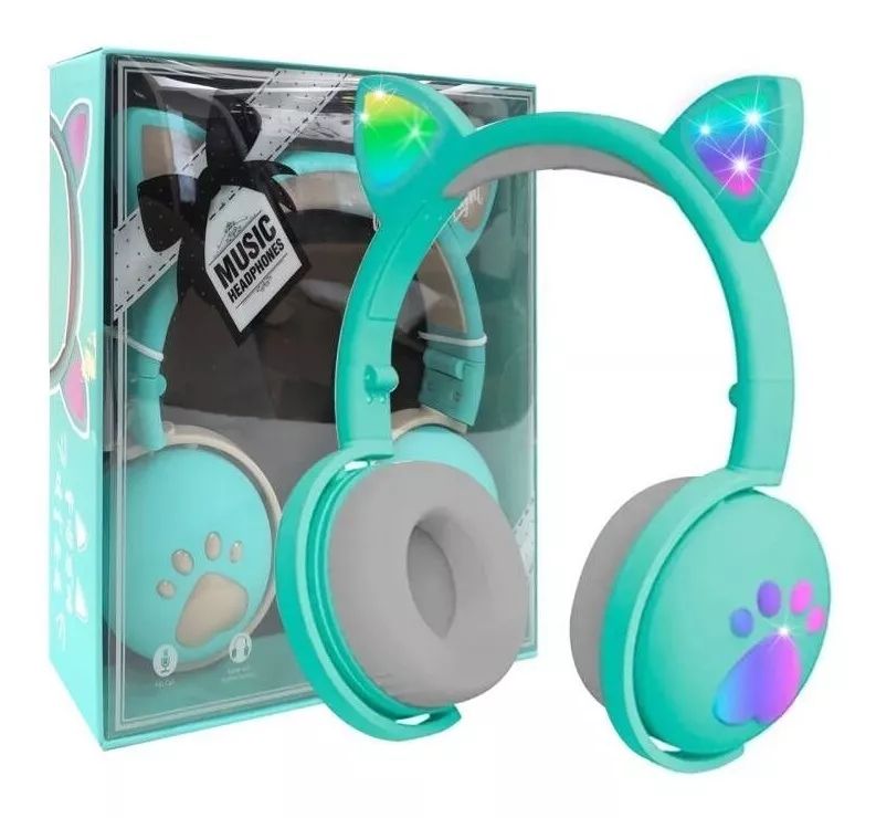 AUDIFONOS BLUETOOTH GATITO INALAMBRICOS LUCES RBG VERDE AGUA