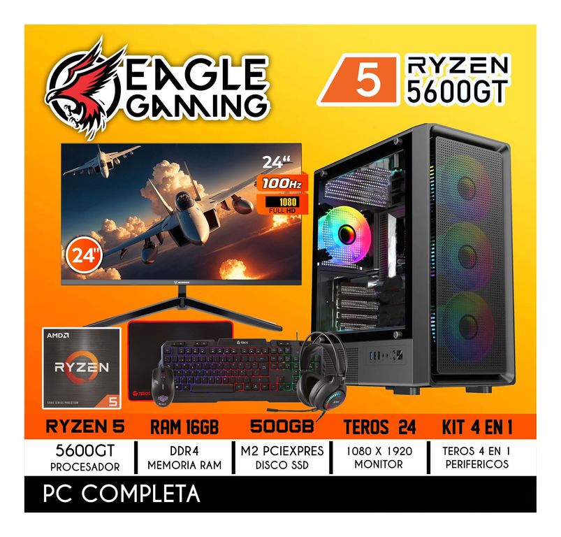 Computadora PC GAMER RYZEN 5 5600GT RAM 16GB SSD 500GB PANTALLA 24" FULL HD