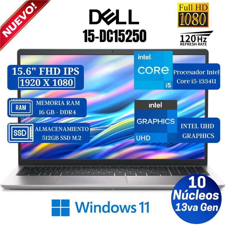 Laptop 15 DC15250 15.6" FHD IPS, Core i5-1334U, 13va Gen,Ram 16GB, SSD 512GB, Win 11