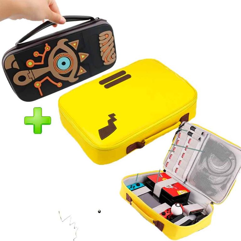 Pack Maleta para Nintendo Switch y Oled Pikachu y Estuche Zelda Marrón