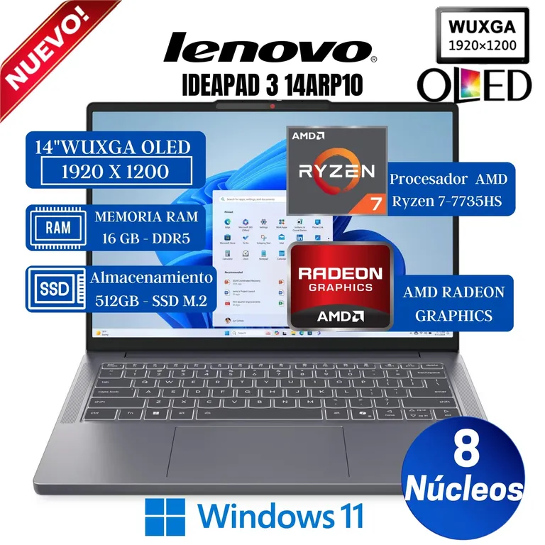 Laptop Ideapad Slim 3 14ARP10 14" WUXGA OLED, Ryzen 7-7735HS, Ram 16 GB, Ssd 512 GB, Win 11