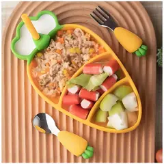 GENERICO - Plato de Silicona Tipo Zanahoria con 2 Cubiertos para Bebés Niños