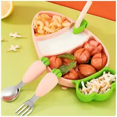 GENERICO - Plato de Silicona Tipo Zanahoria con 2 Cubiertos para Bebés Niños