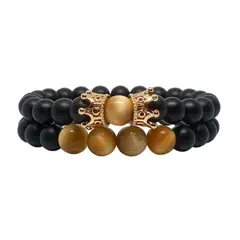 LUCYANA JOYAS Y ACCESORIOS - Pulsera Hombre Cuarzo Ágata y Ojo de Tigre con Corona - Joyas Lucyana