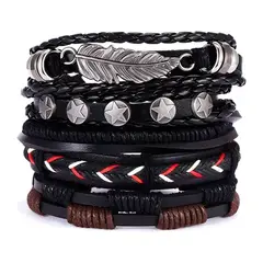 GENERICO - PULSERAS HOMBRE CUERO SET PACK DE 5 REGULABLES MODA