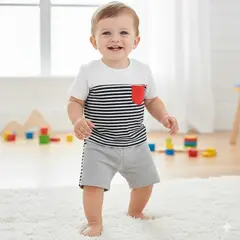 GENERICO - Conjunto Bebé Polo Short a Rayas Con Bolsillo Blanco de Algodón Pima