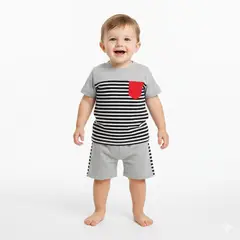 GENERICO - Conjunto Polo Short Bebé a Rayas Con Bolsillo Melange de Algodón Pima