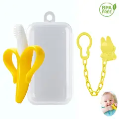GENERICO - Mordedor banana cepillo y cadena conejo amarillo para bebe