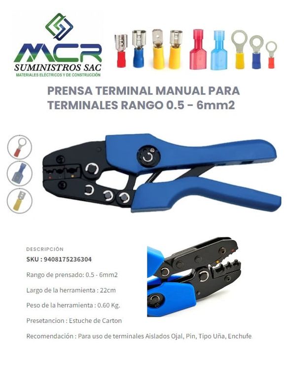PRENSA TERMINAL MANUAL 0.5 - 6mm2 PARA Ojal, Pin, Tipo Uña, Enchufe