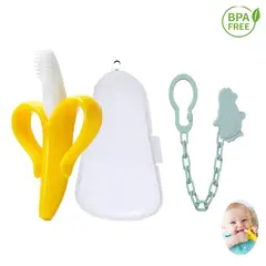 GENERAL - Mordedor banana cepillo y cadena pingüino verde para bebe