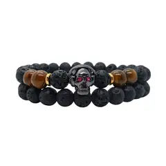 LUCYANA JOYAS Y ACCESORIOS - Pulsera Hombre Calavera con Piedra Volcánica y Ojo de Tigre Marrón