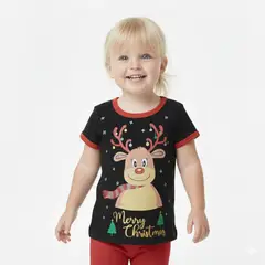 GENERICO - Polo Navideño Reno Merry Christmas Negro de Algodón Pima Navidad