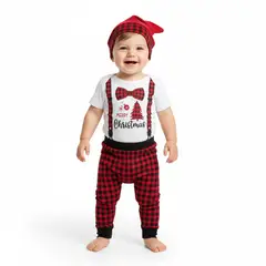 GENERICO - Conjunto Navideño A Rayas Blanco Rojo de Algodón Pima Navidad