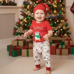 GENERICO - Conjunto Navideño Pinguino Rojo Blanco de Algodón Pima Navidad