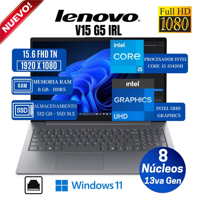 Notebook V15 G5 IRL 15.6" FHD TN, Intel Core i5-13420H, 13va Gen, Ram 8GB, Ssd 512GB, Win 11