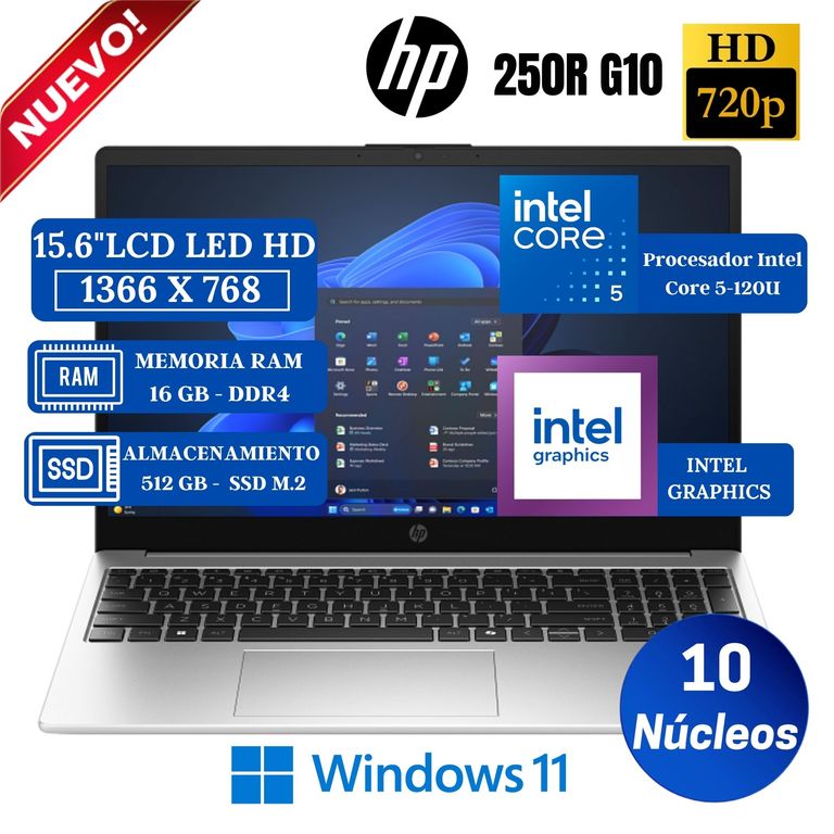 Laptop 250R G10 15.6" LCD LED HD, Core 5-120U, Ram 16GB, SSD 512GB, Win 11
