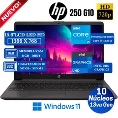 HP - Laptop 250 G10 15.6" LCD LED HD, Core i5-1334U, 13va Gen, Ram 8GB, SSD 512GB, Win 11