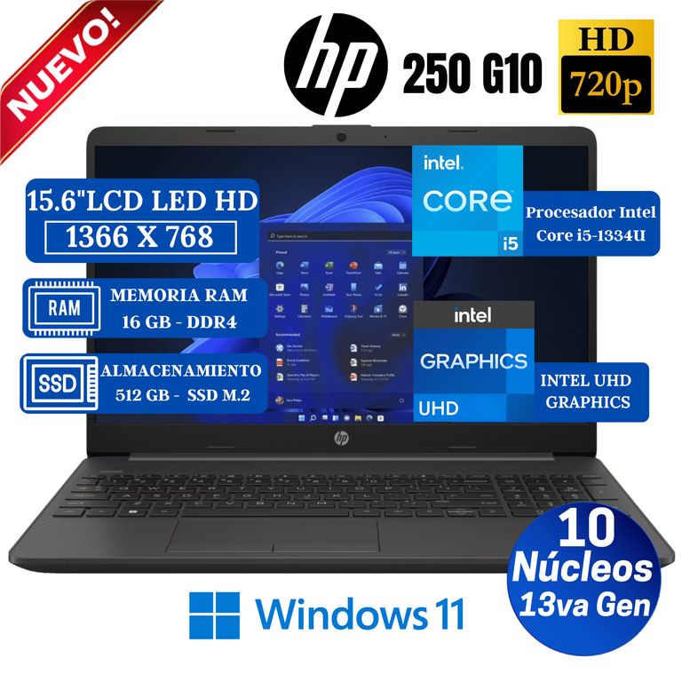 Laptop 250 G10 15.6" LCD LED HD, Core i5-1334U, 13va Gen, Ram 16GB, SSD 512GB, Win 11