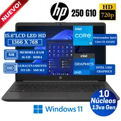 HP - Laptop 250 G10 15.6" LCD LED HD, Core i5-1334U, 13va Gen, Ram 16GB, SSD 512GB, Win 11