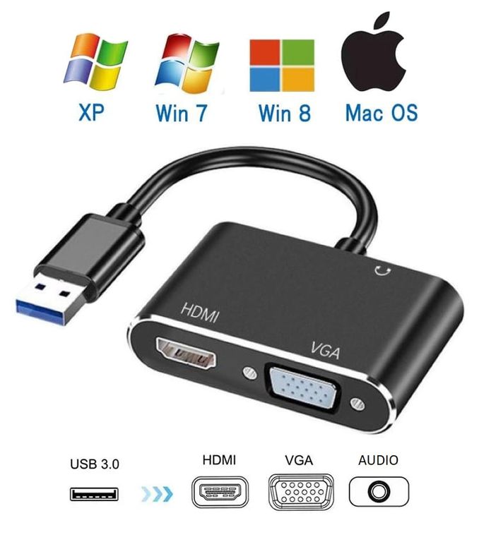 Adaptador 3 en 1 USB 3.0 a HDMI, VGA y Audio Jack 3.5mm