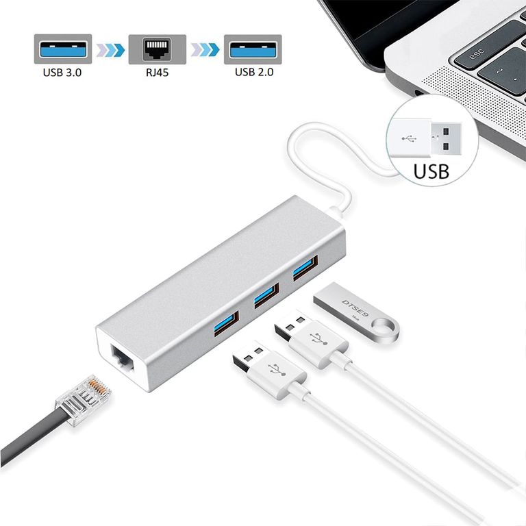 Adaptador Hub ALUMINIO USB 3.0 a RJ45 LAN + 3Puertos USB 2.0