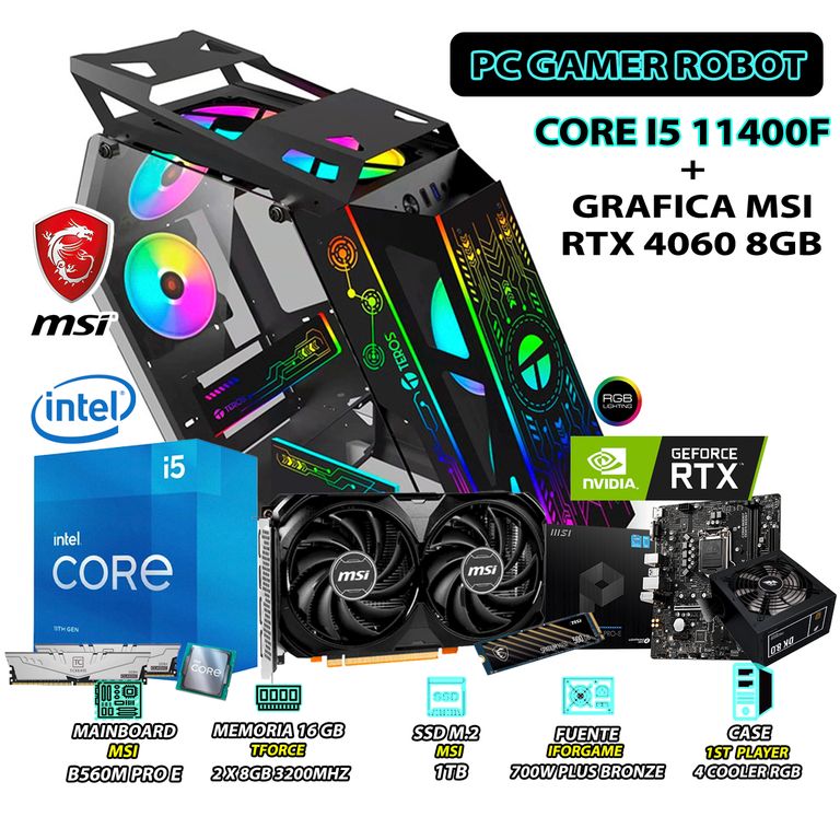 Computadora Gamer Robot Core i5 11400F RAM 16GB SSD 1TB RTX 4060 8GB