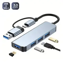 OEM - Adaptador Hub ALUMINIO Tipo C o USB 3.0 a 4 Puertos USB 3.0 con luz LED