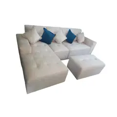 AMOBLART - Seccional L cama - 3 Piezas - Banqueta + 5 cojines - Ivory