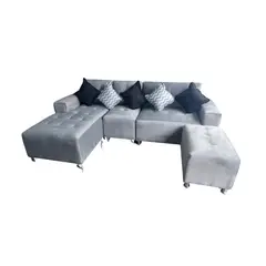 AMOBLART - Seccional L cama - 3 Piezas - Banqueta + 5 cojines - Plata