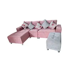 AMOBLART - Seccional L cama - 3 Piezas - Banqueta + 5 cojines - Palo Rosa