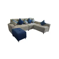AMOBLART - Seccional Paradisse 3 Piezas + Banqueta + 4 cojines - Beige con Azul