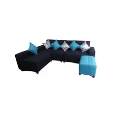AMOBLART - Seccional Paradisse 3 Piezas + Banqueta + 4 cojines - Negro con Turquesa