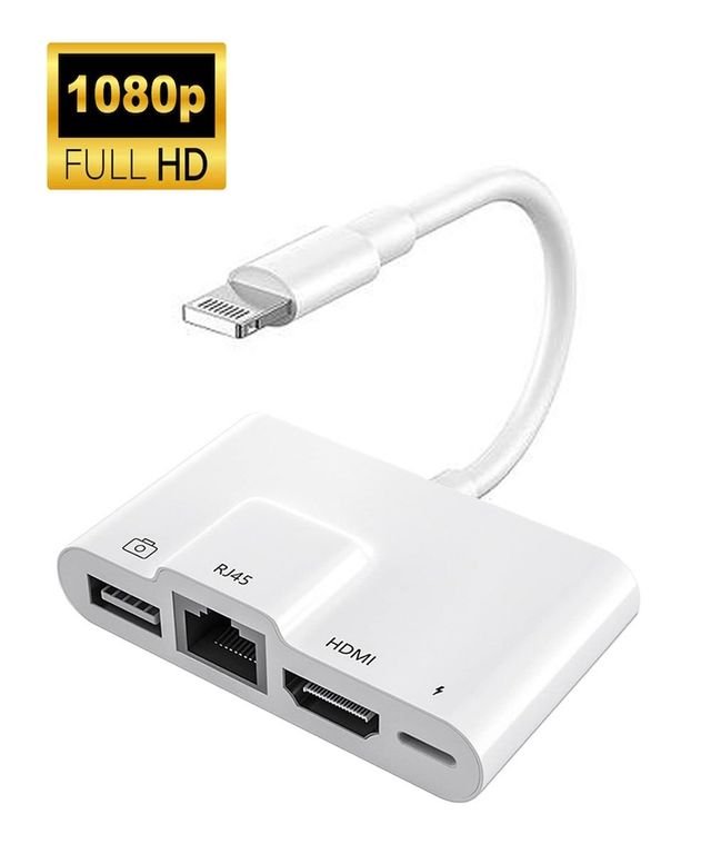 Adaptador 4 en 1 iPhone o iPad a RJ45, HDMI, USB y IOS carga