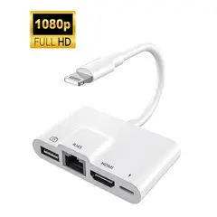 OEM - Adaptador 4 en 1 Lightning a HDMI, RJ45, USB y IOS carga