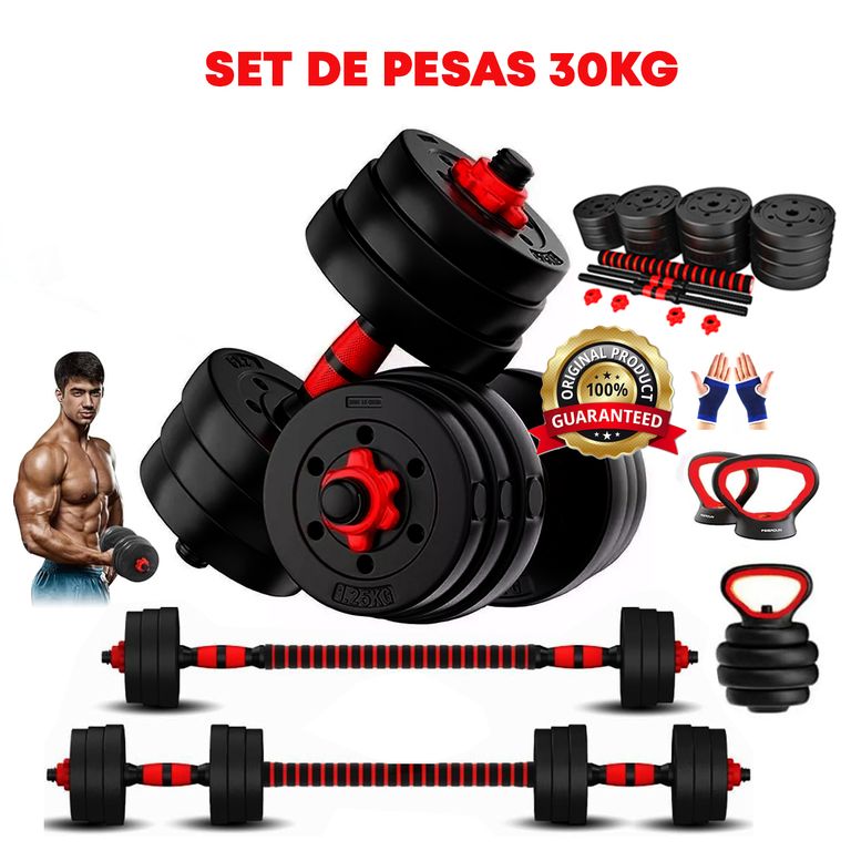 Pesas 30kg Set Convertible A Barra Y Pesa Rusa Importado + guantes gratis