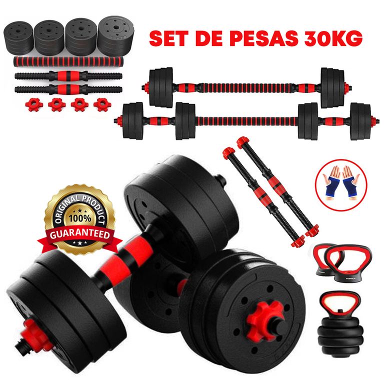 Pesas 30kg Set Convertible A Barra Y Pesa Rusa Importado + guantes gratis