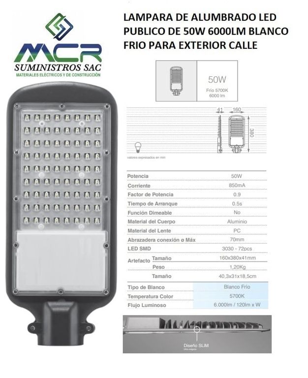 LAMPARA DE ALUMBRADO LED PUBLICO DE 50W 6000LM BLANCO FRIO PARA CALLE