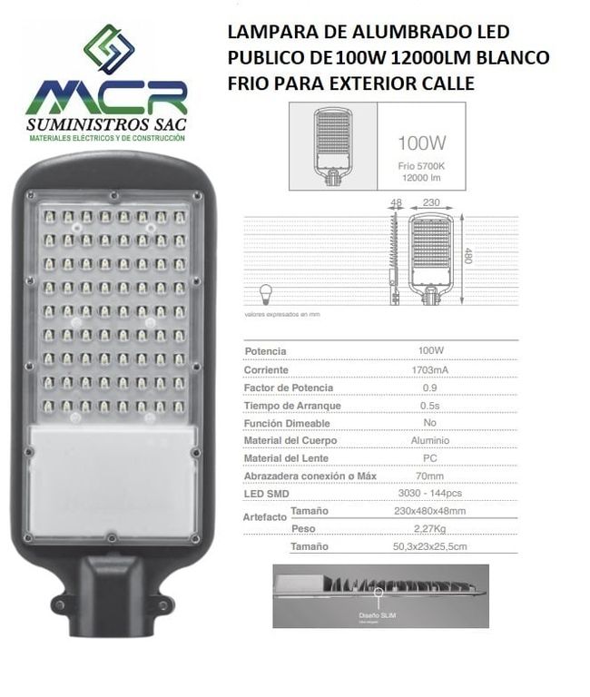 LAMPARA DE ALUMBRADO LED PUBLICO DE 100W 12000LM BLANCO FRIO PAR CALLE