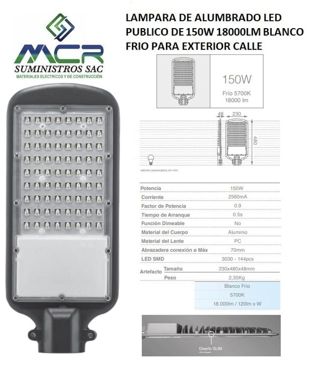 LAMPARA DE ALUMBRADO LED PUBLICO DE 150W 18000LM BLANCO FRIO EXTERIOR